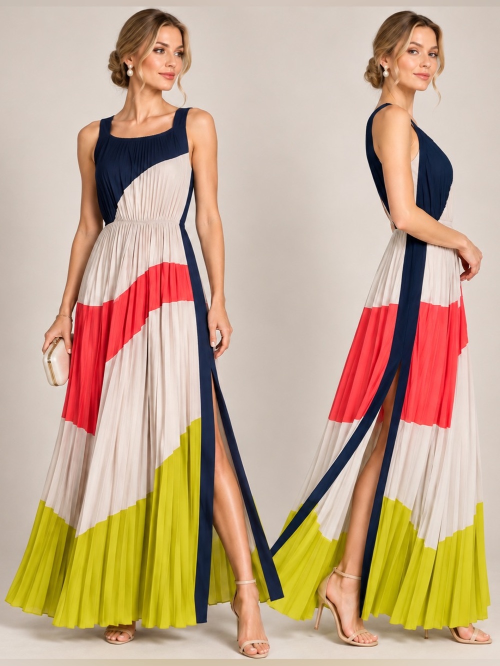 BCBGMaxAzria Runway Pleated Colorblock Maxi Dress in Navy Coral Lime Artsy Sz XS